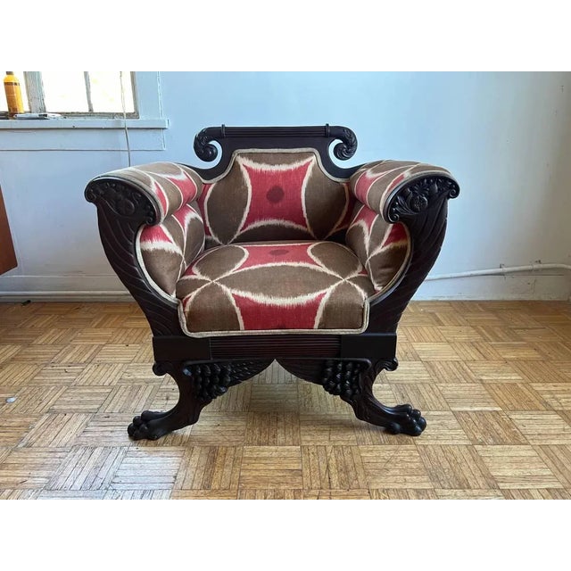 Antique Empire Style Mahogany Carved Clawfoot Armchair. Late 18th Century. Height 32.1/4” width 35” depth 25”. Floor to...