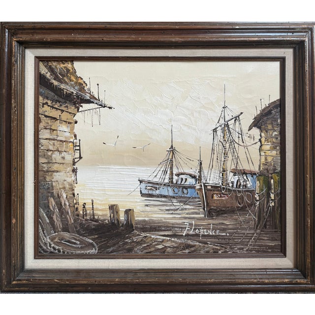 Vintage Signature Nautical Fishing Boat at Dock by Florence Wilkins Furst Original Oil on Canvas Painting For Sale - Image 4 of 12