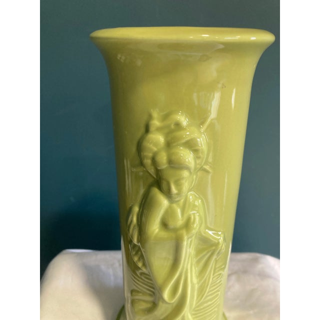 Chartreuse Vintage Chartreuse Green Ceramic Vase With Asian Woman Relief For Sale - Image 8 of 10