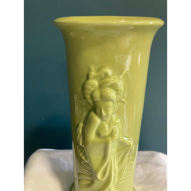 Green Vintage Green Ceramic Vase With Embossed Geisha Motif For Sale - Image 8 of 10