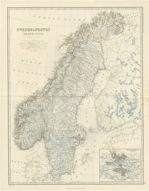 Antique Map of Scandinavia with Stockholm Inset, 1865