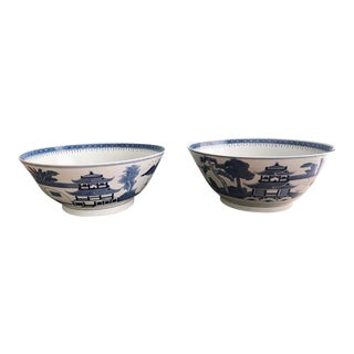 Large Vintage Chinoiserie Blue and White Bowls a Pair For Sale