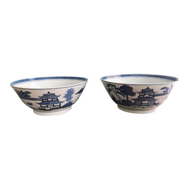 Large Vintage Chinoiserie Blue and White Bowls a Pair For Sale