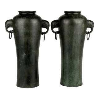 Pair of Vintage Maitland-Smith Handmade Metal Vases With Elephant-Head Handles For Sale