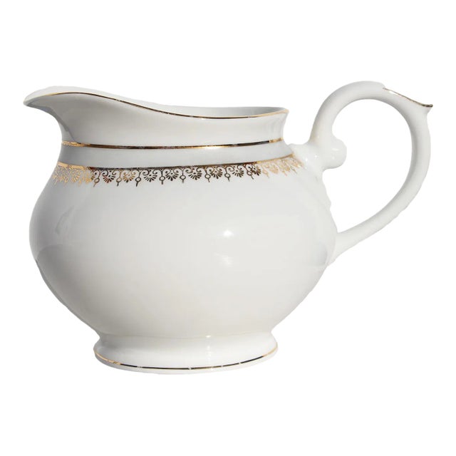 1930s Porcelain Art Deco Creamer or Cream Jug White and Gold, Vista Alegre, Portugal For Sale