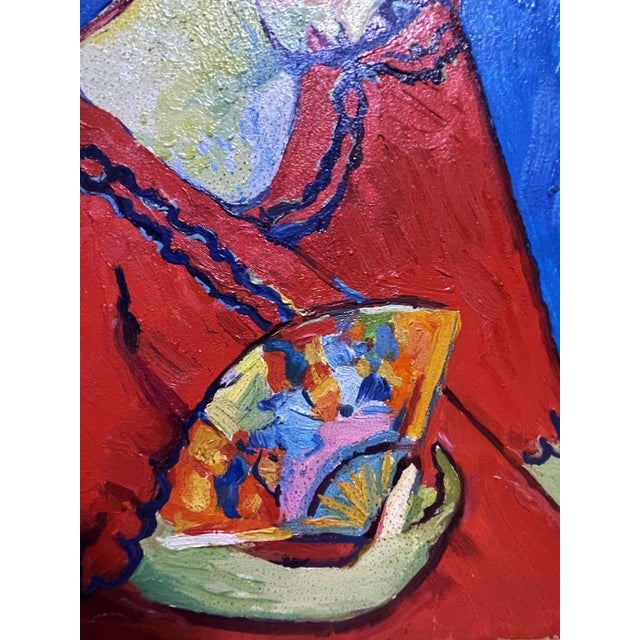 Expressionism Oil Painting Girl in Red With a Fan Victor Konotopsky For Sale - Image 3 of 9