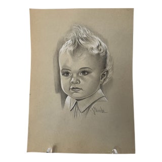 1940s Original Signed Graphite Illustration of Young Child Portrait, 12 × 9 In. For Sale