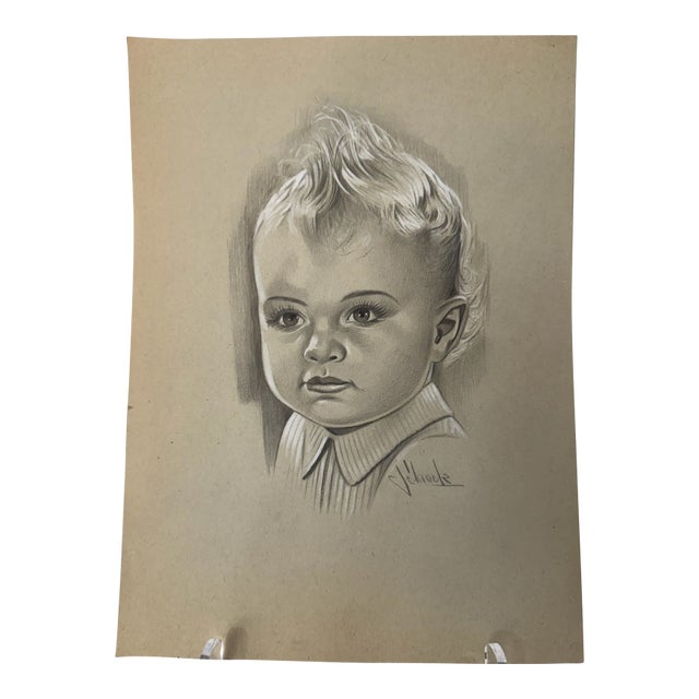 1940s Original Signed Graphite Illustration of Young Child Portrait, 12 × 9 In. For Sale