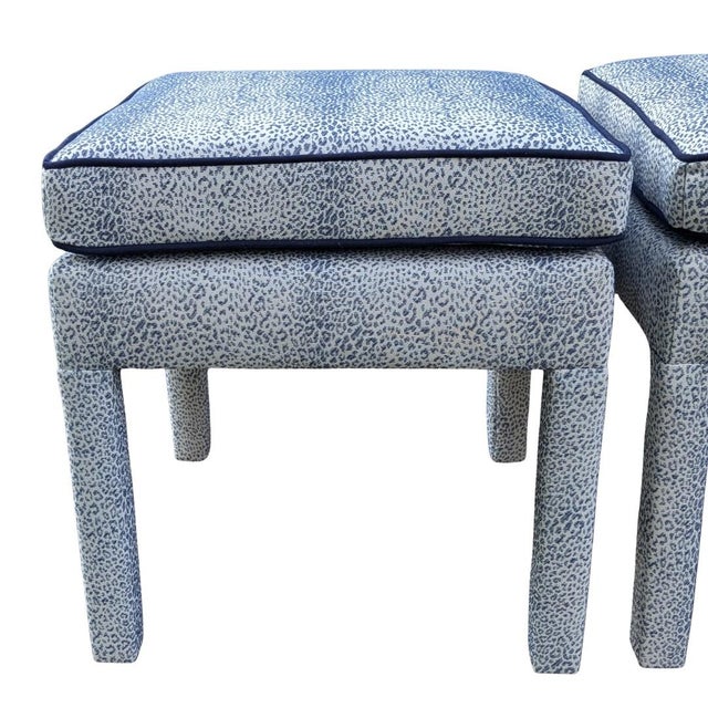 Textile Schumacher Mini Leopard Performance Parsons Ottomans in Navy- Pair For Sale - Image 7 of 9