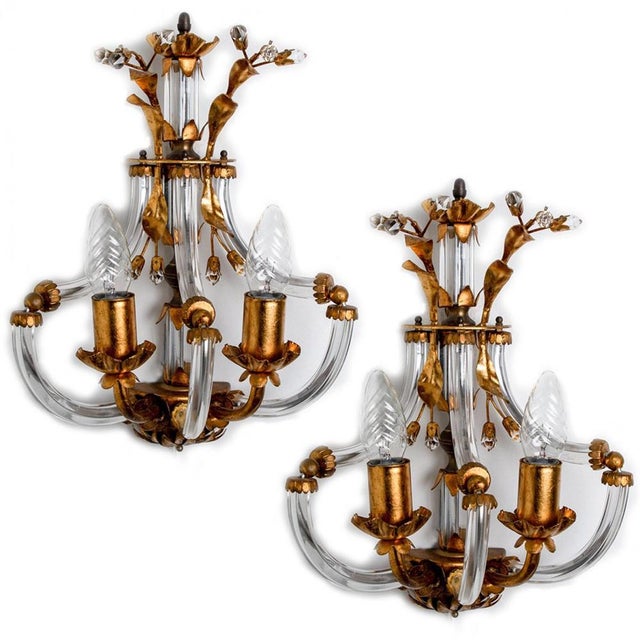 Crystal Glass & Gilt Brass Wall Lights attributed to Palwa, 1960s, Set of 2 For Sale - Image 4 of 15