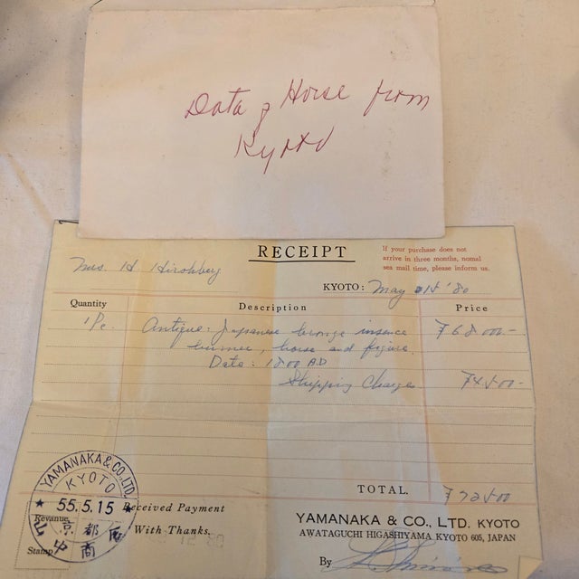 Antique Bronze Scholar on Horse Incense Burner 1800 Ad With Original Bill of Sale From Yamanaka & Co LTD Kyoto For Sale - Image 13 of 17