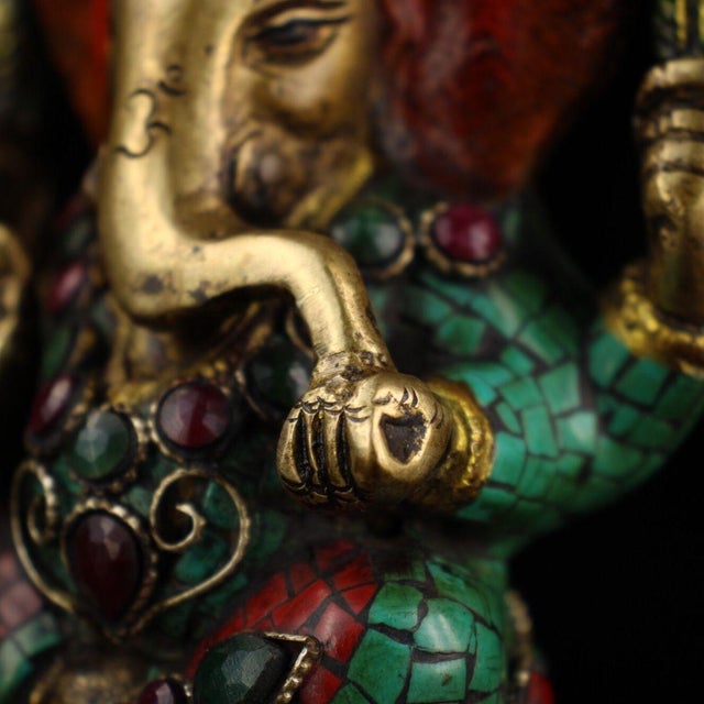 Brass Inlaid Ganesha Statue With Coral and Turquoise For Sale - Image 4 of 8