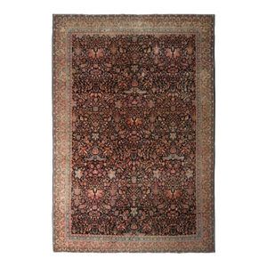 Handmade Antique Rug in Red and Beige All Over Floral Pattern