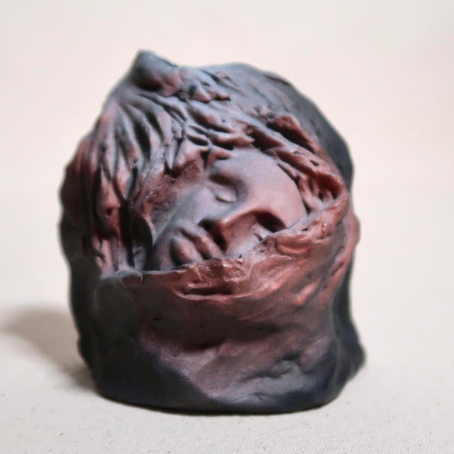 Handmade Figurative Ceramic Surreal Veiled Detailed Face Bust Sculpture in Charcoal and & Mauve Glaze For Sale - Image 14 of 17