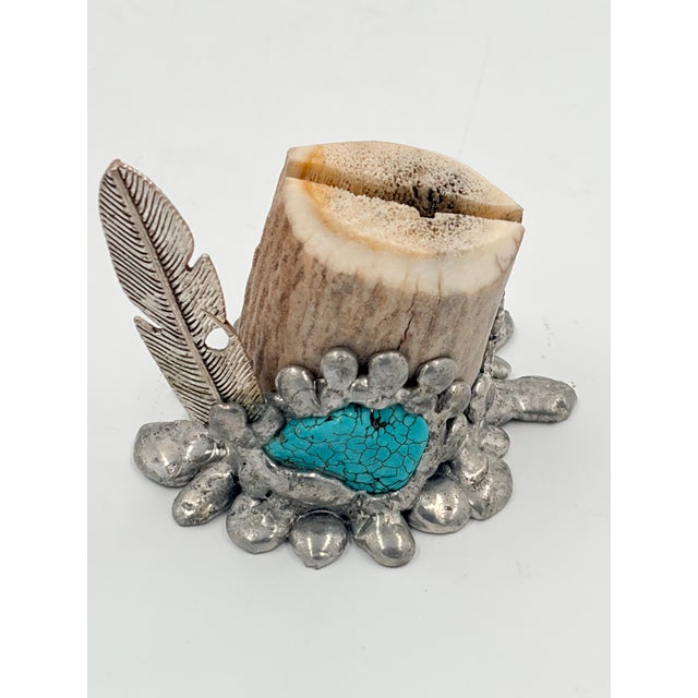 Chrome Signed Travis Palmer Bocephus Custom Bowie Knife Stag Turquoise Stand For Sale - Image 8 of 10