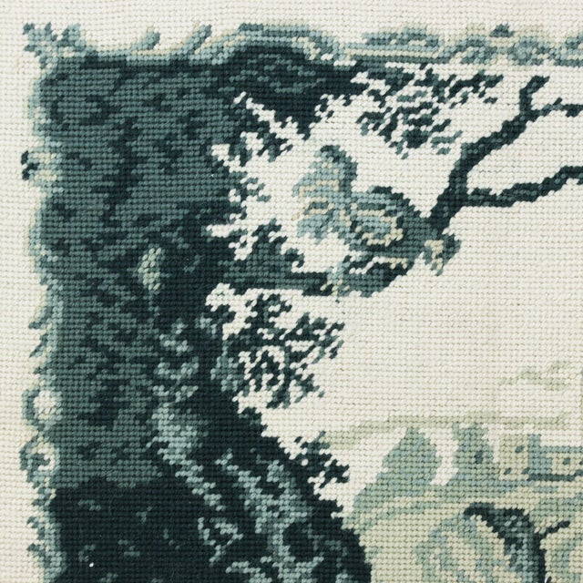 Vintage Framed Needlework Blue Monochrome Woodland Landscape With Hound and Estate Motif For Sale - Image 4 of 8