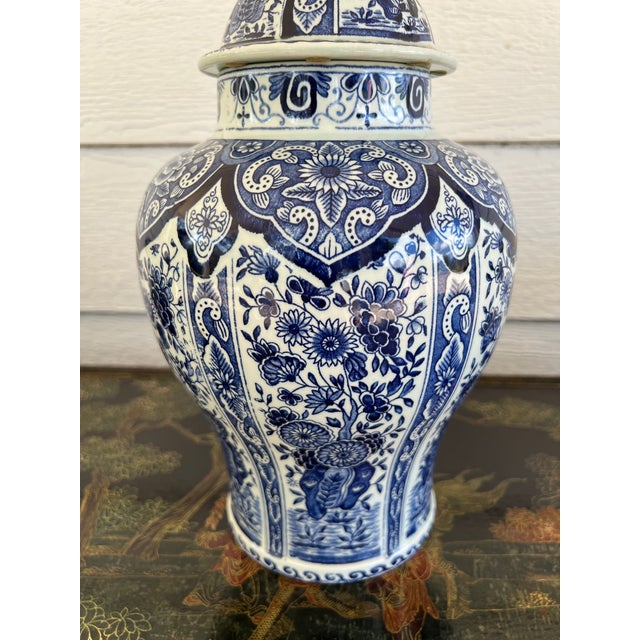 Ceramic Vintage Large Delft Ginger Jar Vase Blue & White Floral Royal Sphinx Lidded Urn For Sale - Image 7 of 18