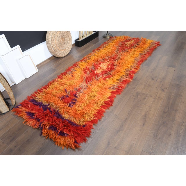 Islamic 1970s Vintage Handmade Wool Cotton Orange Red High Pile Runner Rug For Sale - Image 3 of 11