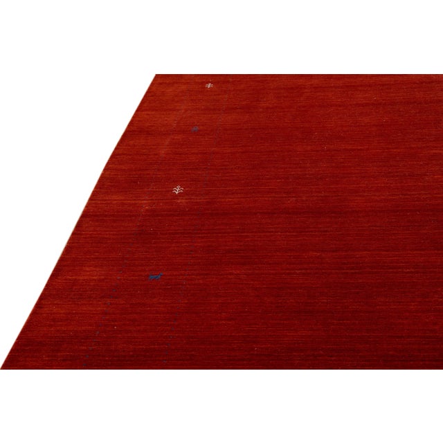 Modern Gabbeh Style Red Hand-Loom Minimalist Pattern Wool Rug For Sale - Image 9 of 11