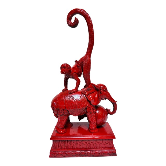 Hollywood Regency Chinoiserie Red Elephant & Monkey Sculpture Glossy Resin 1970s For Sale