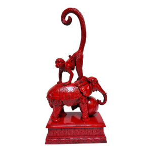 Hollywood Regency Chinoiserie Red Elephant & Monkey Sculpture Glossy Resin 1970s