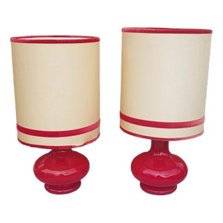 Red Glass Base Table Lamps, 1960s, Set of 2 For Sale