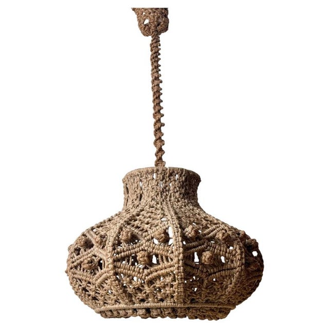 Hand-Knotted Jute Macrame Pendant Lamp with Sculptural Shade, 1970s For Sale - Image 16 of 16