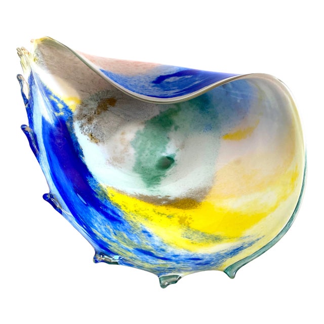 Vintage 1980's Post Modern Hand Blown Studio Art Glass Multicolor Abstract Sculptural Shell Large Centerpiece Bowl For Sale
