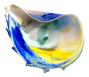 Vintage 1980's Post Modern Hand Blown Studio Art Glass Multicolor Abstract Sculptural Shell Large Centerpiece Bowl