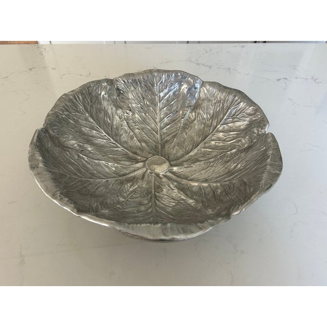 Metal Vintage Pewter Cabbage Leaf Serving Bowl Majolica Style by Bruce Fox for Wilton For Sale - Image 7 of 11