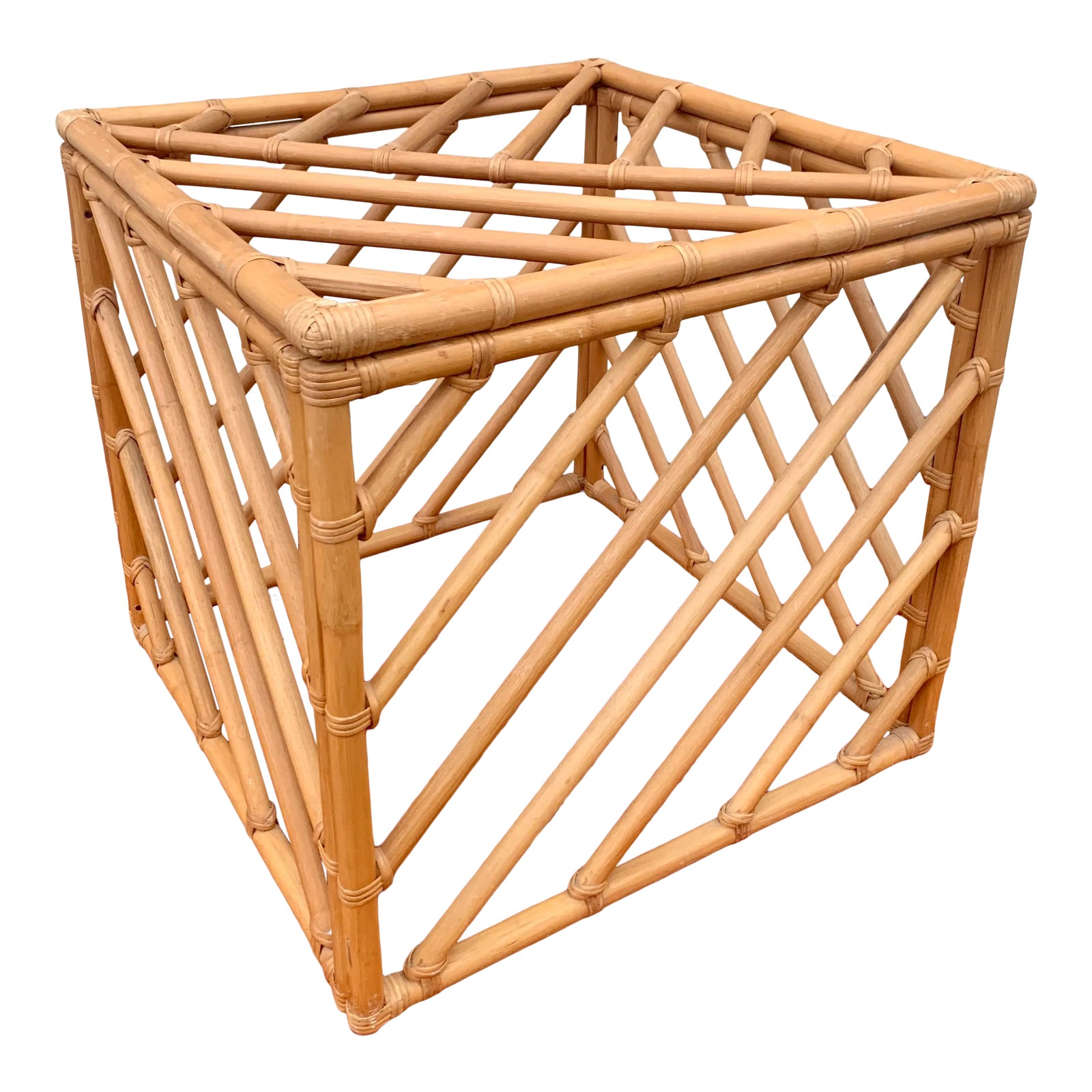 Geometric Chinese Chippendale Bamboo Rattan Cube Table | Chairish