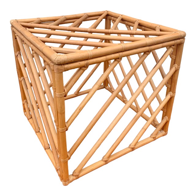 Geometric Chinese Chippendale Bamboo Rattan Cube Table For Sale