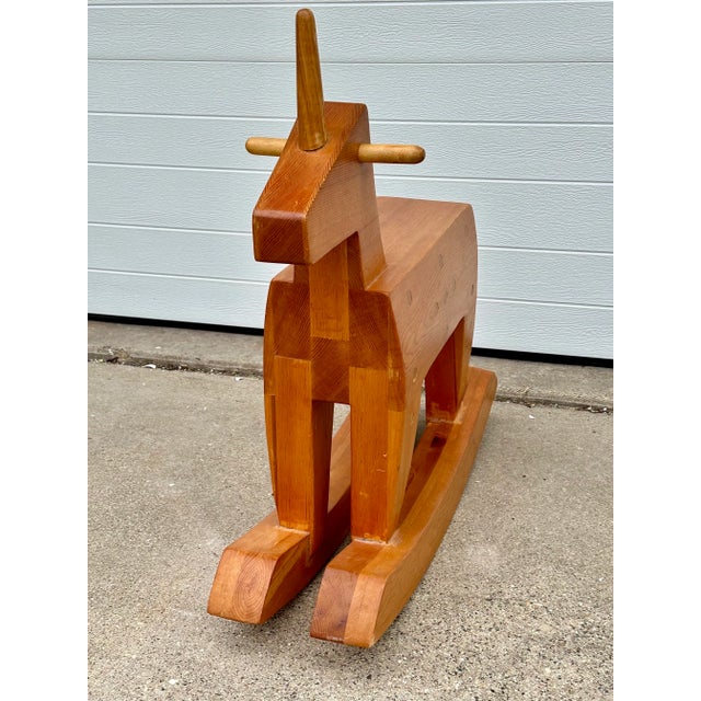 Vintage Scandinavian Wooden Unicorn Rocking Horse For Sale - Image 4 of 11