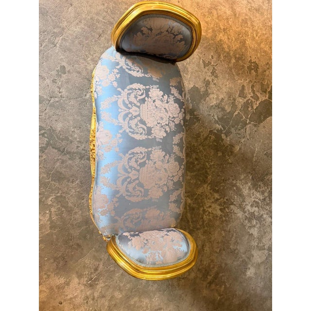 French Vintage French Boudoir Bench Blue Damask Upholstery For Sale - Image 3 of 7