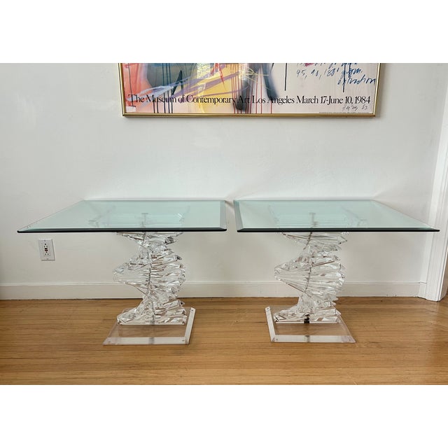 Pair of vintage mid-century modern stacked lucite helix spiral tables with thick heavy beveled glass tops that sit on top...