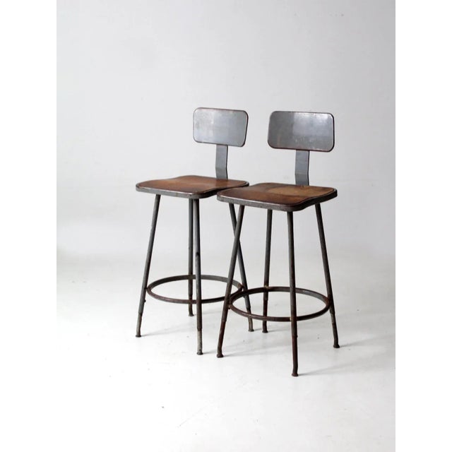 Wood Mid Century Industrial Stools Pair For Sale - Image 7 of 13