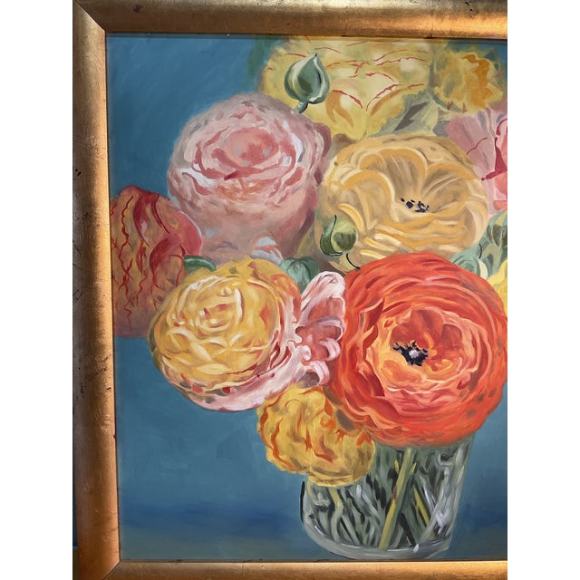 Floral still life painting with gold leaf mirror Made in the late 20th century Beautiful muted, pastel colors!