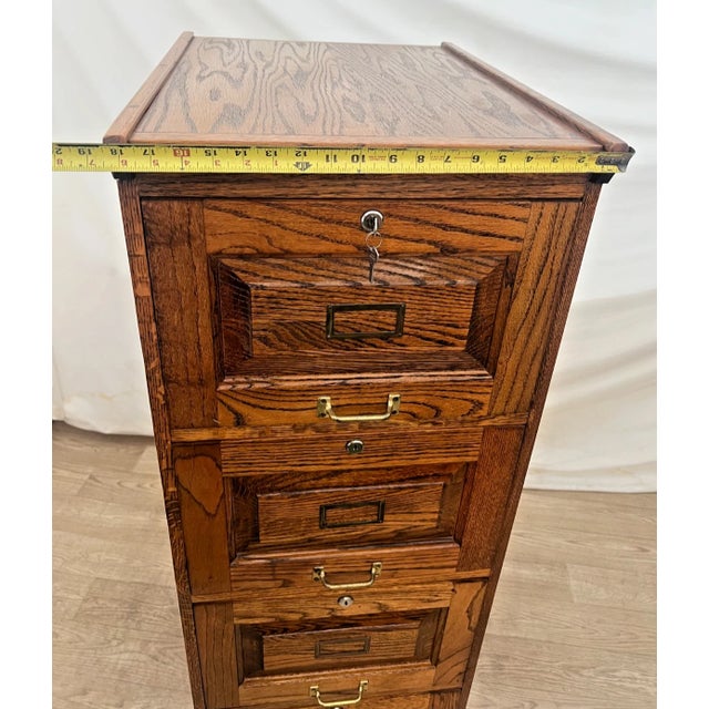 Vintage Dark Tiger Oak File Cabinet Four Locking Drawers, Paneled Sides Legal For Sale - Image 10 of 11