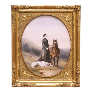19th Century French Equestrian Portrait of Lady With Horse & Dog in Carved Frame For Sale