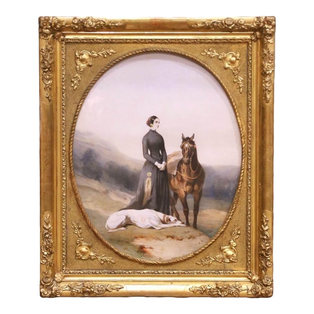 19th Century French Equestrian Portrait of Lady With Horse & Dog in Carved Frame For Sale