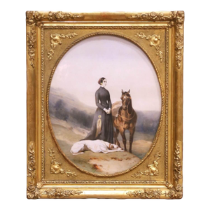 19th Century French Equestrian Portrait of Lady With Horse & Dog in Carved Frame