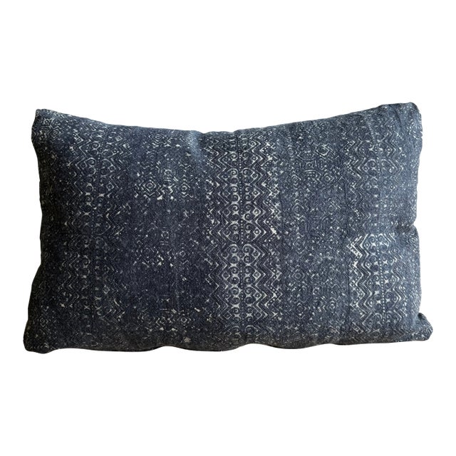 Vintage Navy African Cloth Textile Lumbar Pillow With Down Insert For Sale