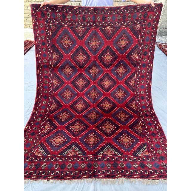 Hand-Knotted Crimson Red and Navy Blue Allover Geometric Wool Area Rug, 6'9" X 4'10" For Sale - Image 11 of 11