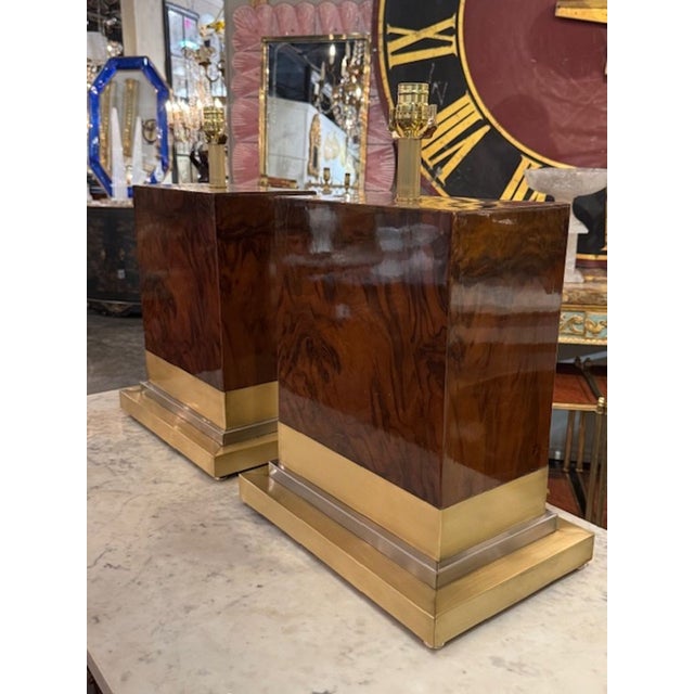 Modern Pair of Modern Burlwood and Brass Lamps For Sale - Image 3 of 5