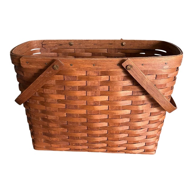 Vintage Longaberger Handwoven Maple Wood Basket Brown Farmhouse Rustic Traditional For Sale