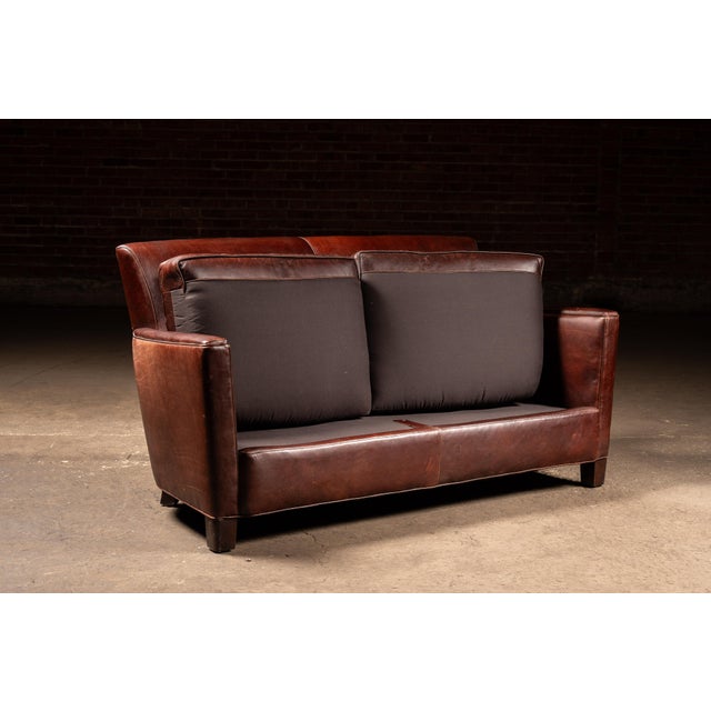 Mid-Century Brown Leather Two-Seat Sofa With Low Profile Frame For Sale - Image 4 of 10