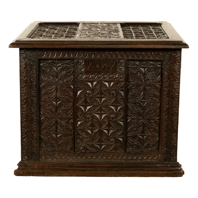 Antique French Medieval Gothic Carved Oak Chest Coffer 17th Century Panels 1679 For Sale - Image 12 of 16
