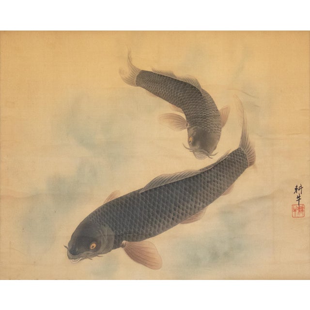 1900-1940s Large Japanese Silk Scroll Painting "Two Carps", Signed and Sealed For Sale - Image 9 of 15