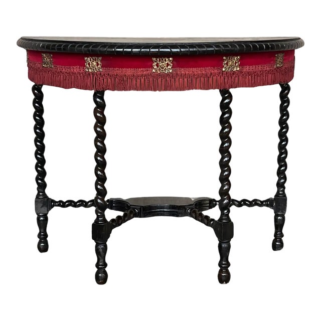 19th Century English Demilune Table With Solomonic Legs and Fringes For Sale