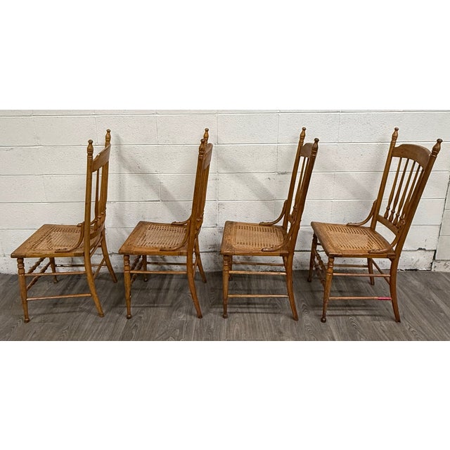 Vintage Spindle Back Caned Seat Solid Oak Dining Chairs For Sale - Image 9 of 12
